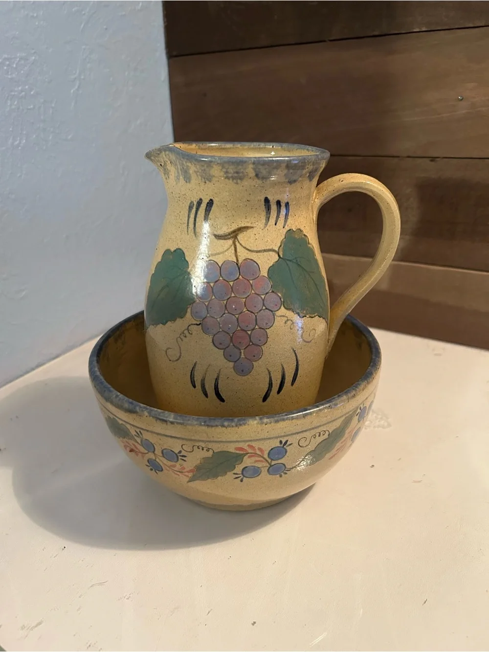 Hand-Painted Yellow Grape Pitcher and Bowl Set
